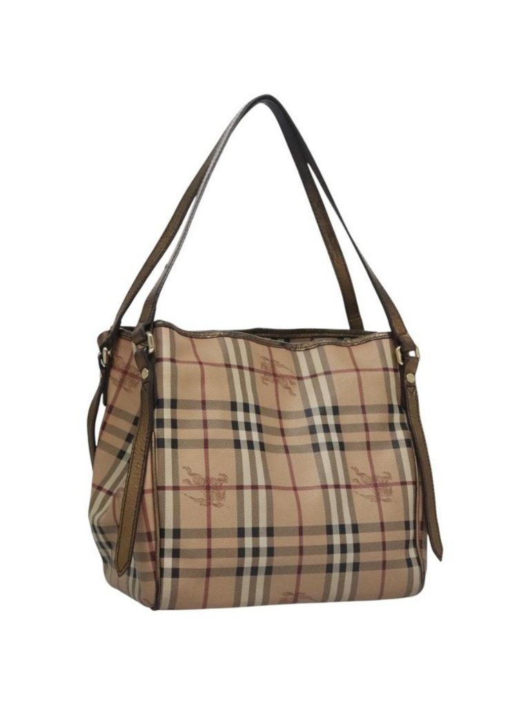 Authentic Burberry Nova Check Shoulder Bag Pvc Beige Brown Gold